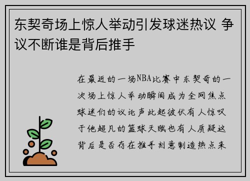 东契奇场上惊人举动引发球迷热议 争议不断谁是背后推手
