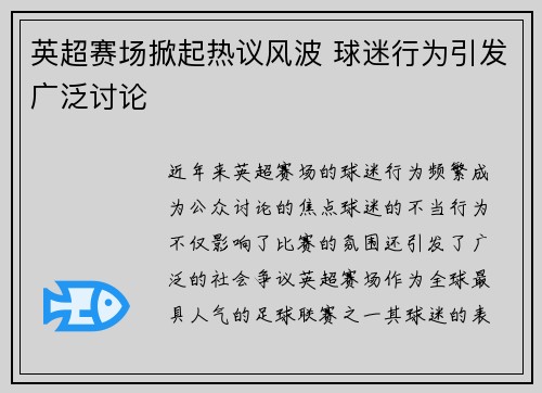 英超赛场掀起热议风波 球迷行为引发广泛讨论